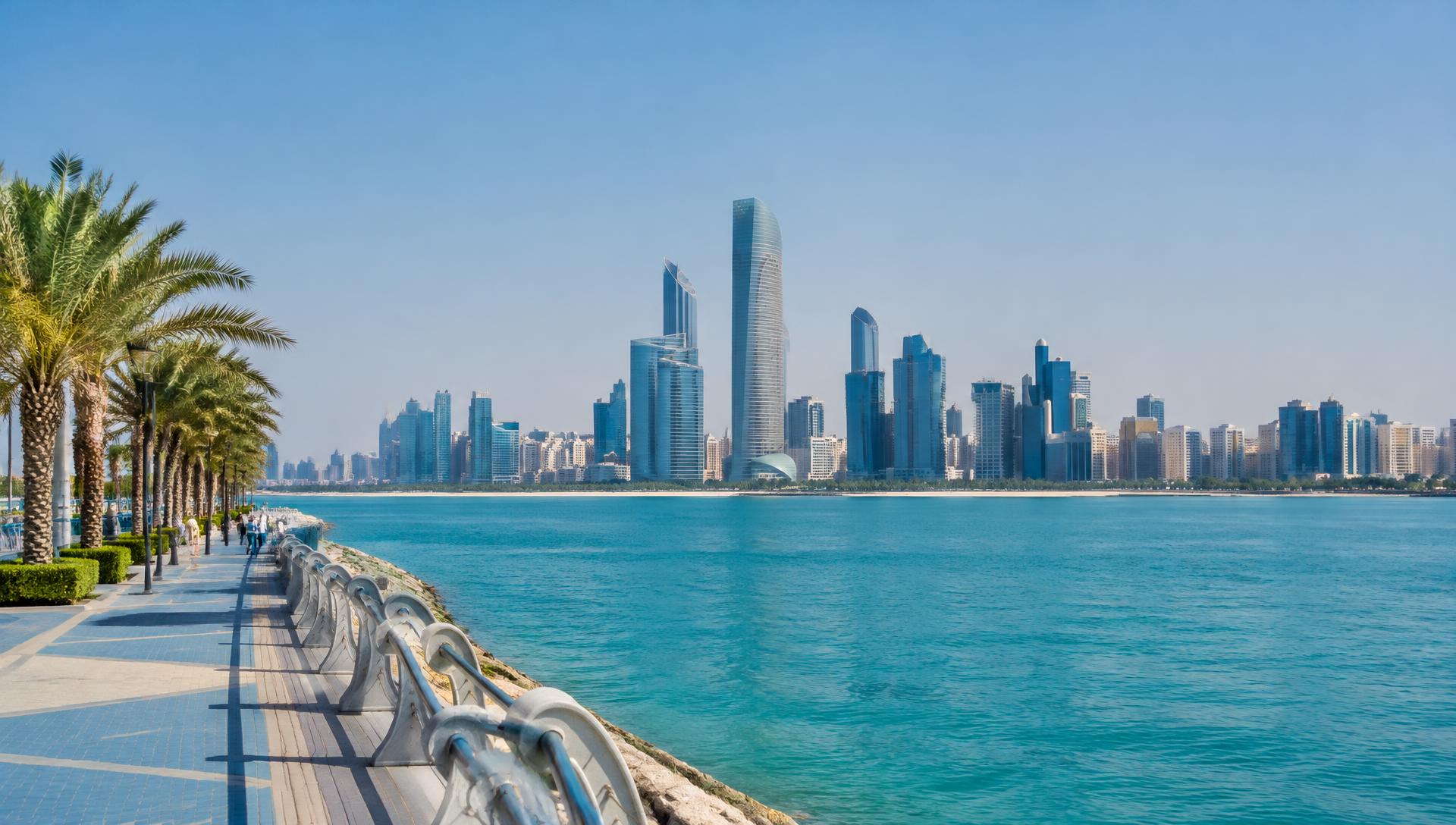 Editorial illustration of Abu Dhabi’s Corniche and skyline